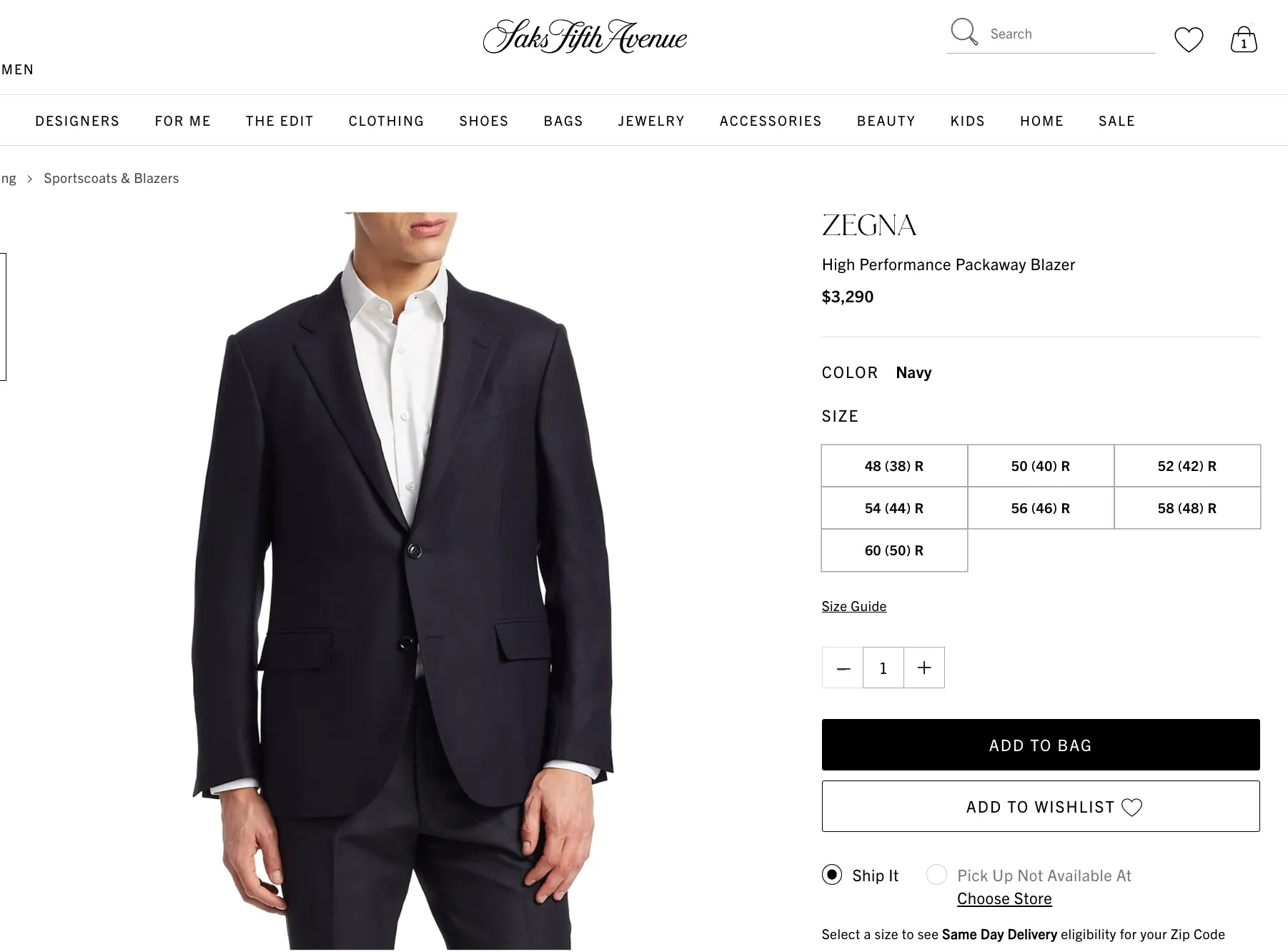 $3,290 ERMENEGILDO ZEGNA-“HIGH PERFORMANCE PACKAWAY” Navy Blazer- 40R