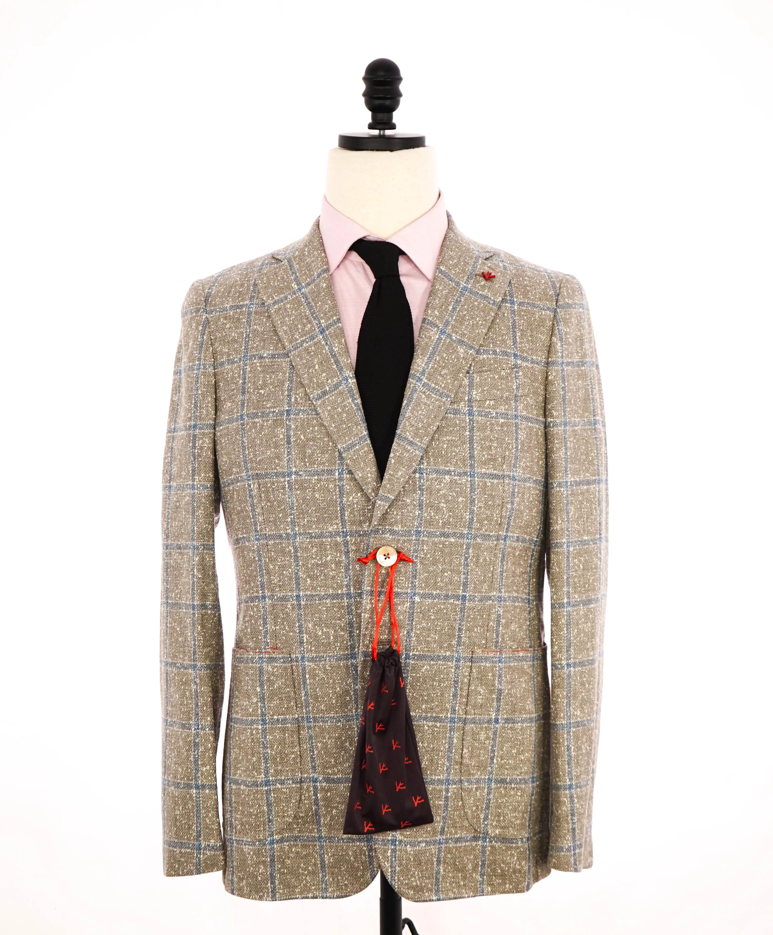 $4,695 ISAIA - WOOL / SILK/ LINEN Blue/Beige Check "CORTINA" Blazer - 38R