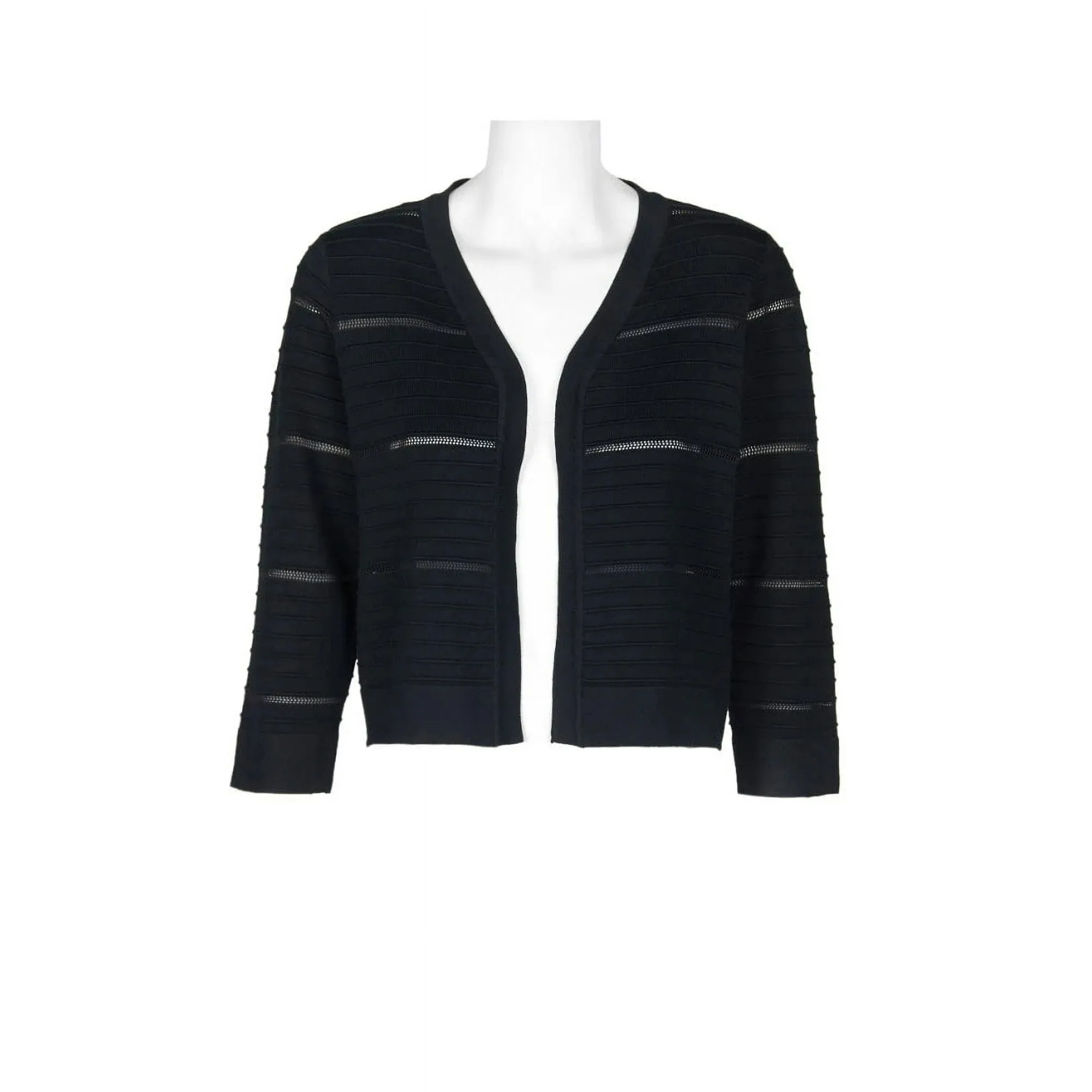 Banded Long Sleeve Ribbed Knit Jacket Black- Nina Leonard