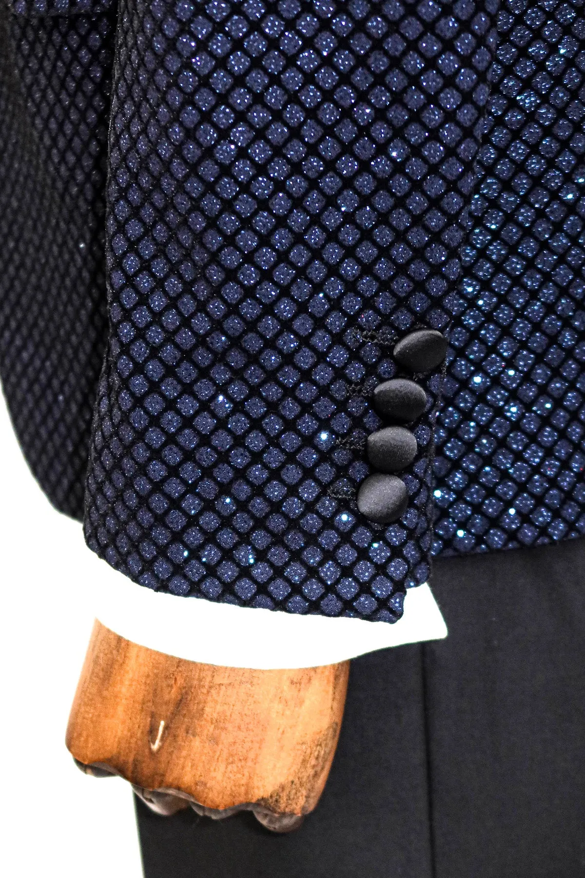 Black Patterned Over Navy Blue Men Party Blazer - Wessi