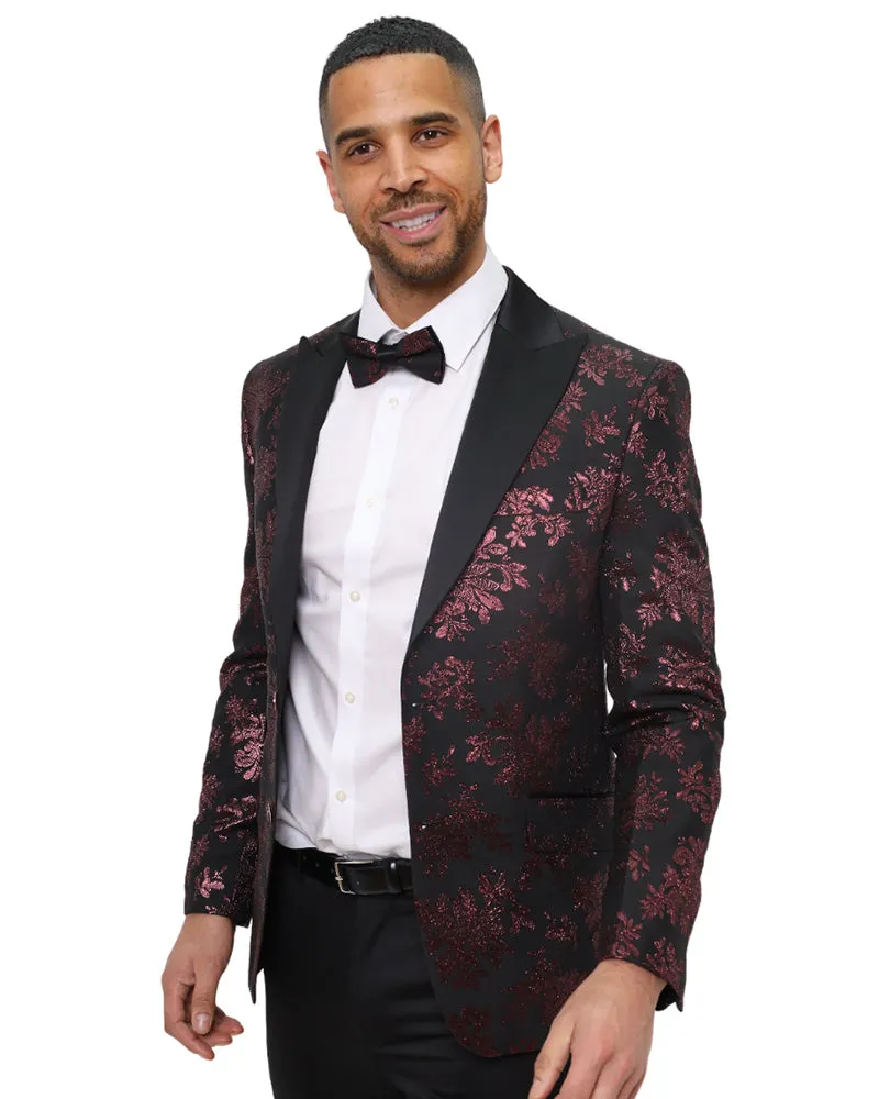 Burgundy Floral Design Blazer with Contrasting Lapel & Matching Bow Tie