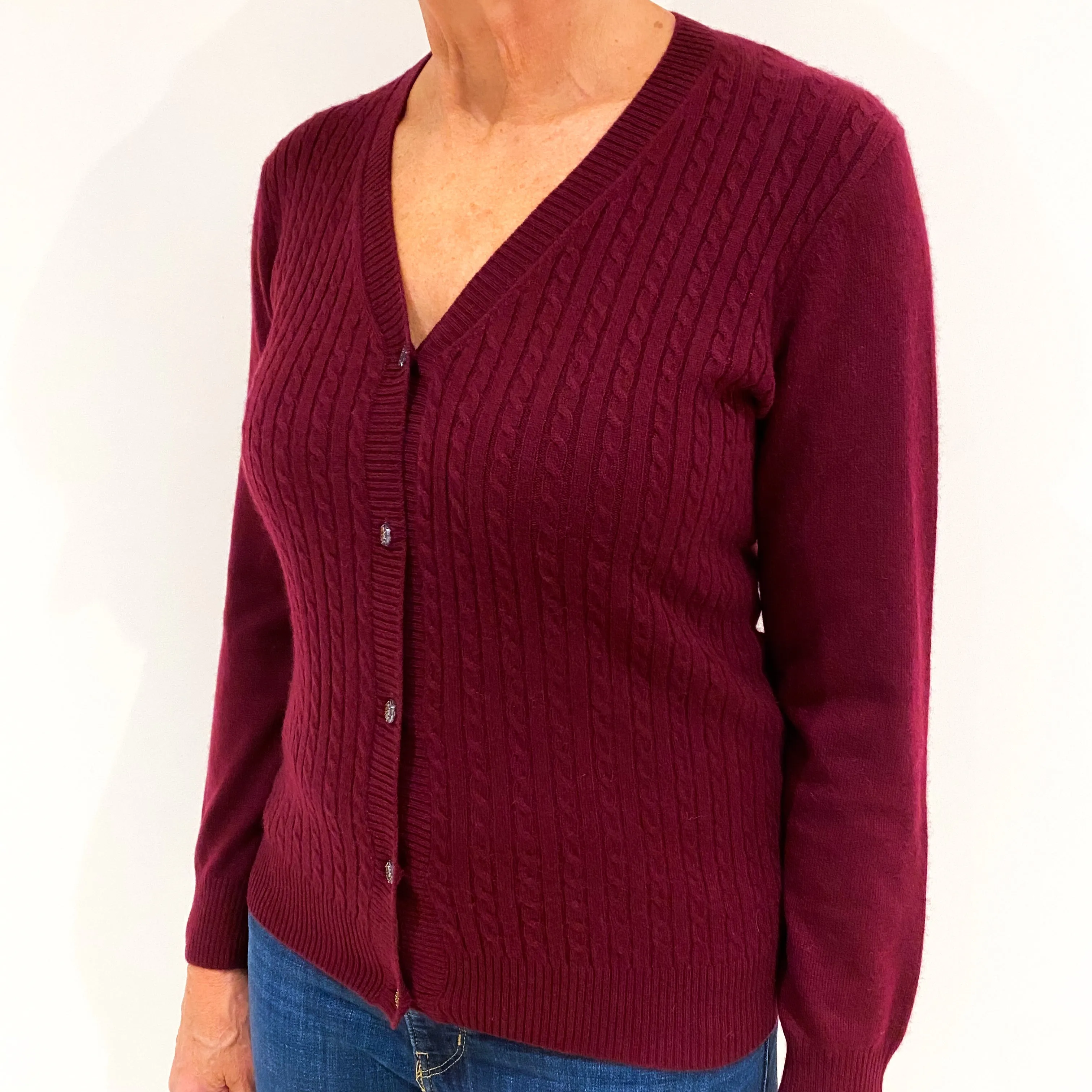 Burgundy Red Cashmere V-Neck Cardigan Medium
