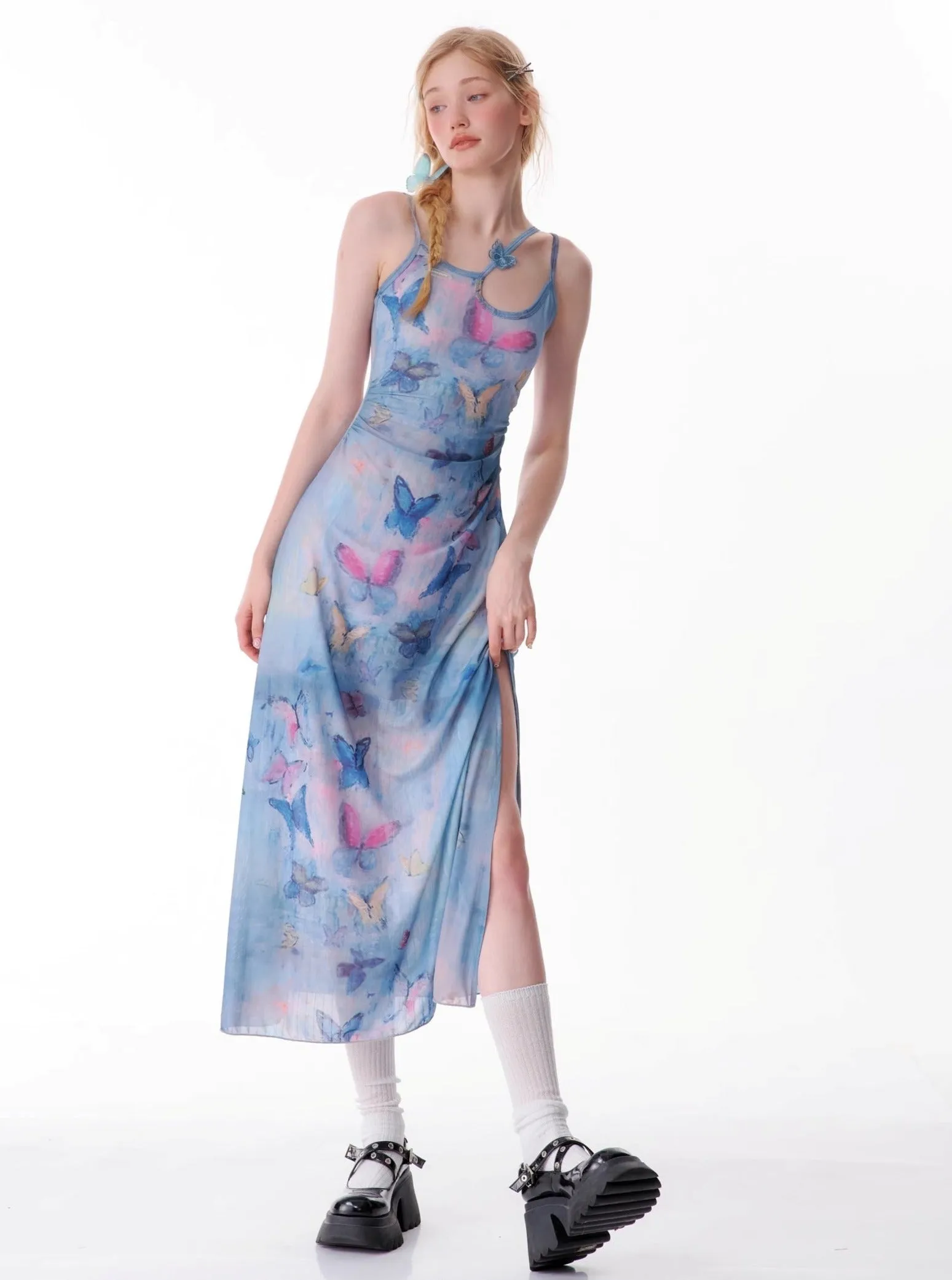 Butterfly Graffiti Print Slip Dress