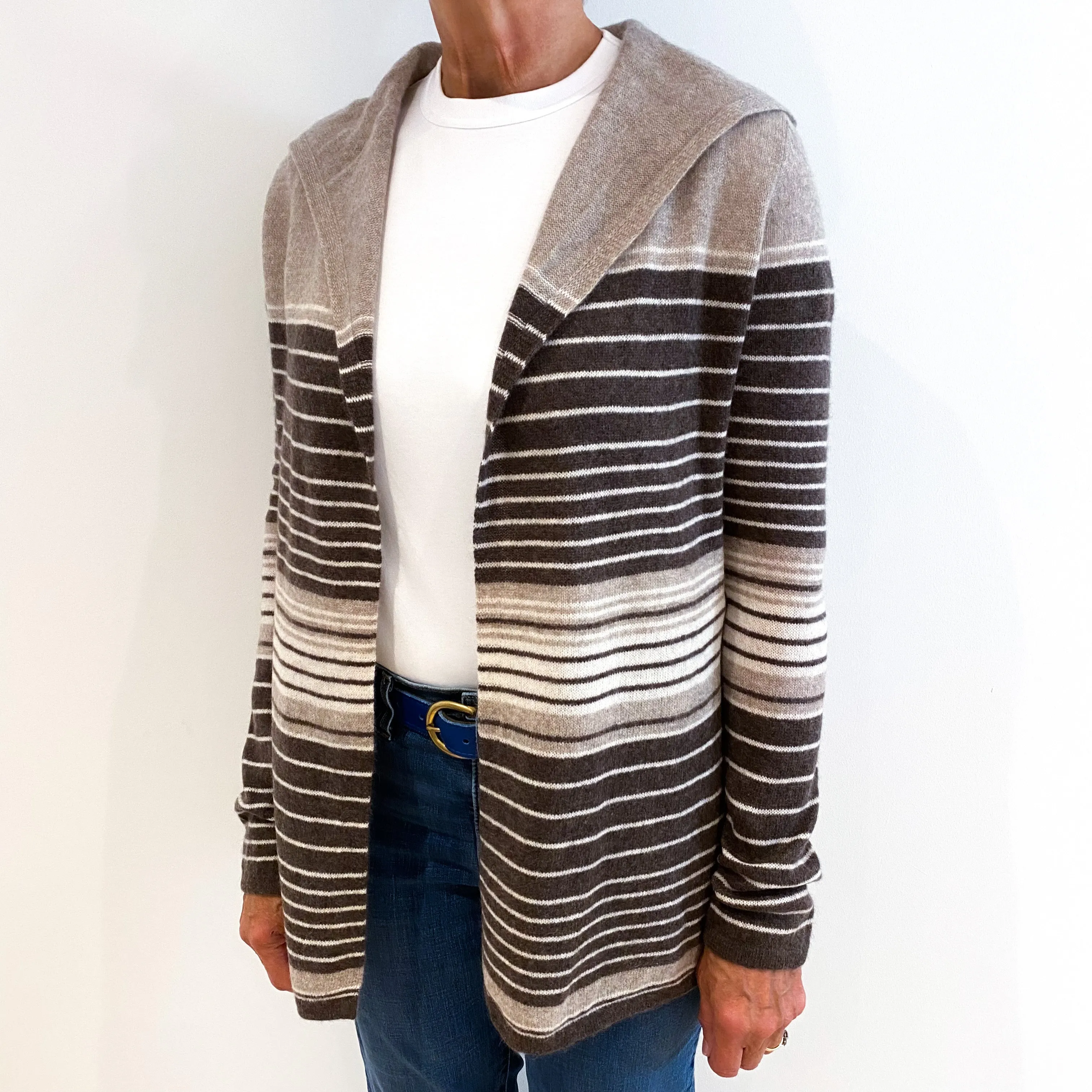 Cream Brown Striped Cashmere Edge To Edge Hooded Cardigan Medium
