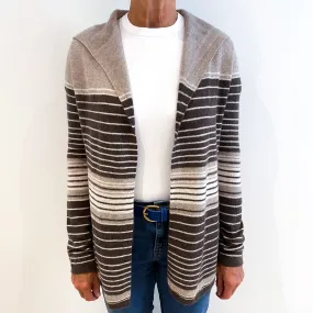 Cream Brown Striped Cashmere Edge To Edge Hooded Cardigan Medium