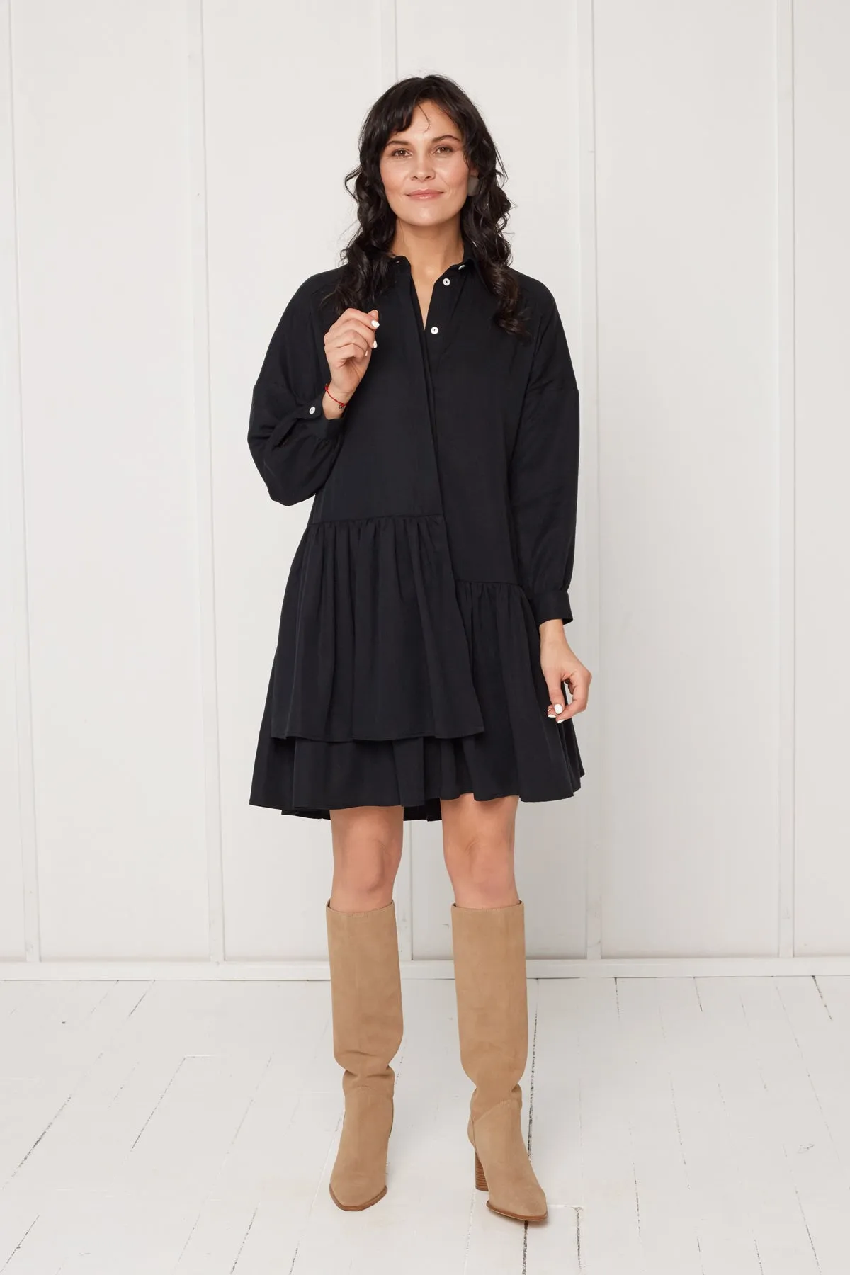 EVA tencel shirt dress with double front frill in black