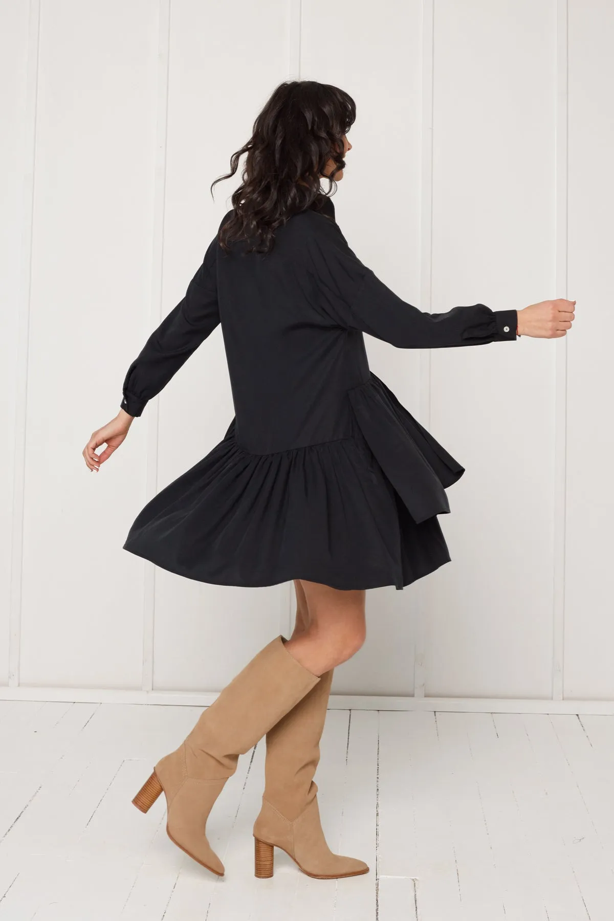 EVA tencel shirt dress with double front frill in black