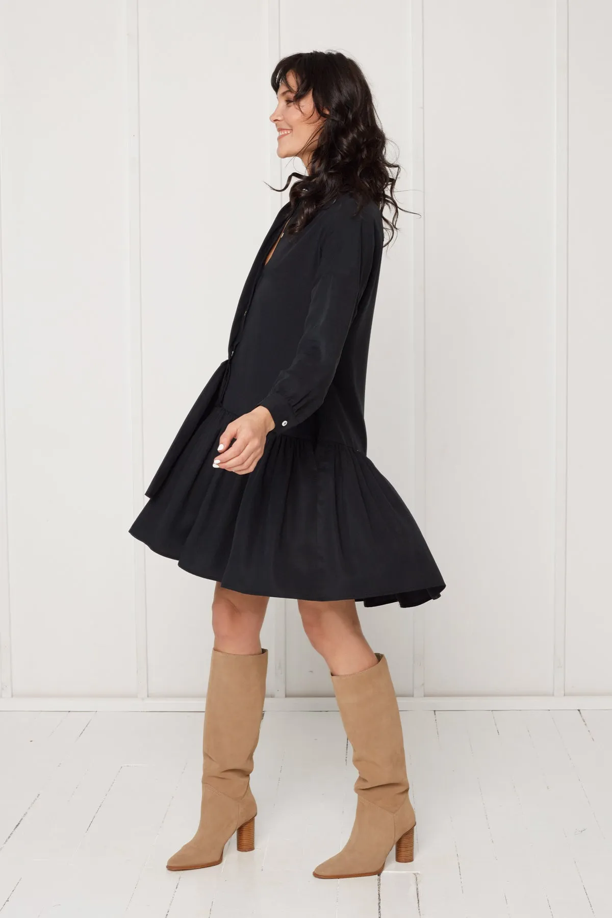 EVA tencel shirt dress with double front frill in black
