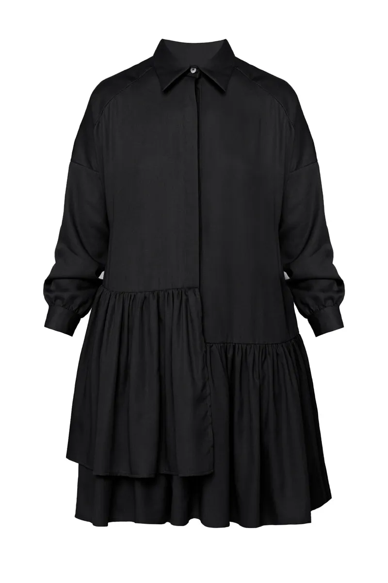 EVA tencel shirt dress with double front frill in black