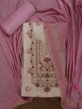 Festive Silk Blend Off White Zari Woven Dress Material With Dupatta
