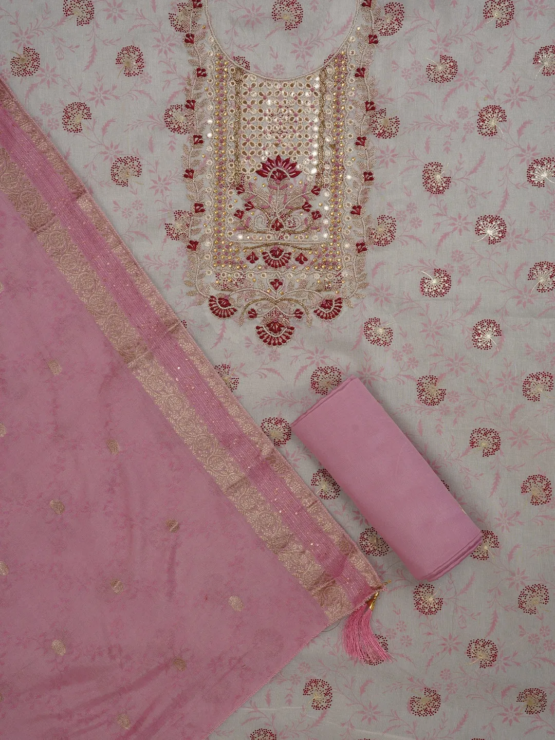 Festive Silk Blend Off White Zari Woven Dress Material With Dupatta