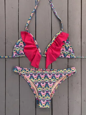 Fuchsia print Triangle Bikini Top w/Ruffle Accent