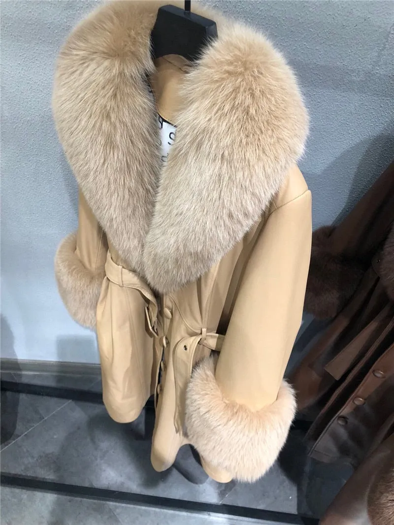 Genuine Fox Fur Collar and Cuffs Long Genuine Leather Jacket