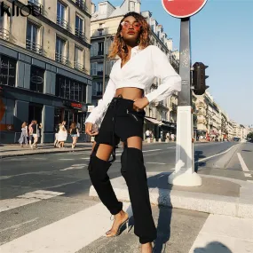 Kliou New Fashion Bandage Design Women Casual Loose Full Length Pants 2018 Autumn High Waist Solid Fake Zippers Cargo Pants