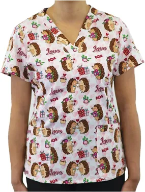 Maevn Women's V-Neck Print Scrub Top 1767 HHN- Hedgehog Honey <br> Sizes XS to 3XL