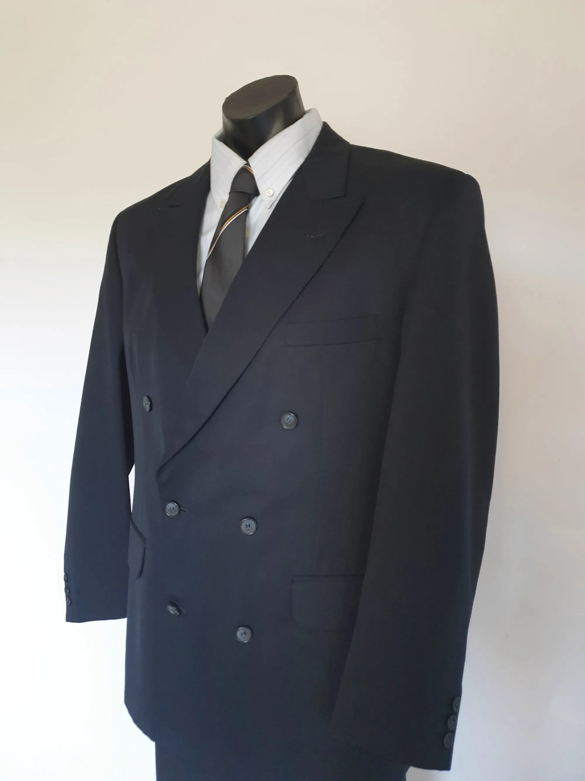 Navy Blue Double-breasted Gabardine Suit Jacket by Fletcher Jones - Size 107R