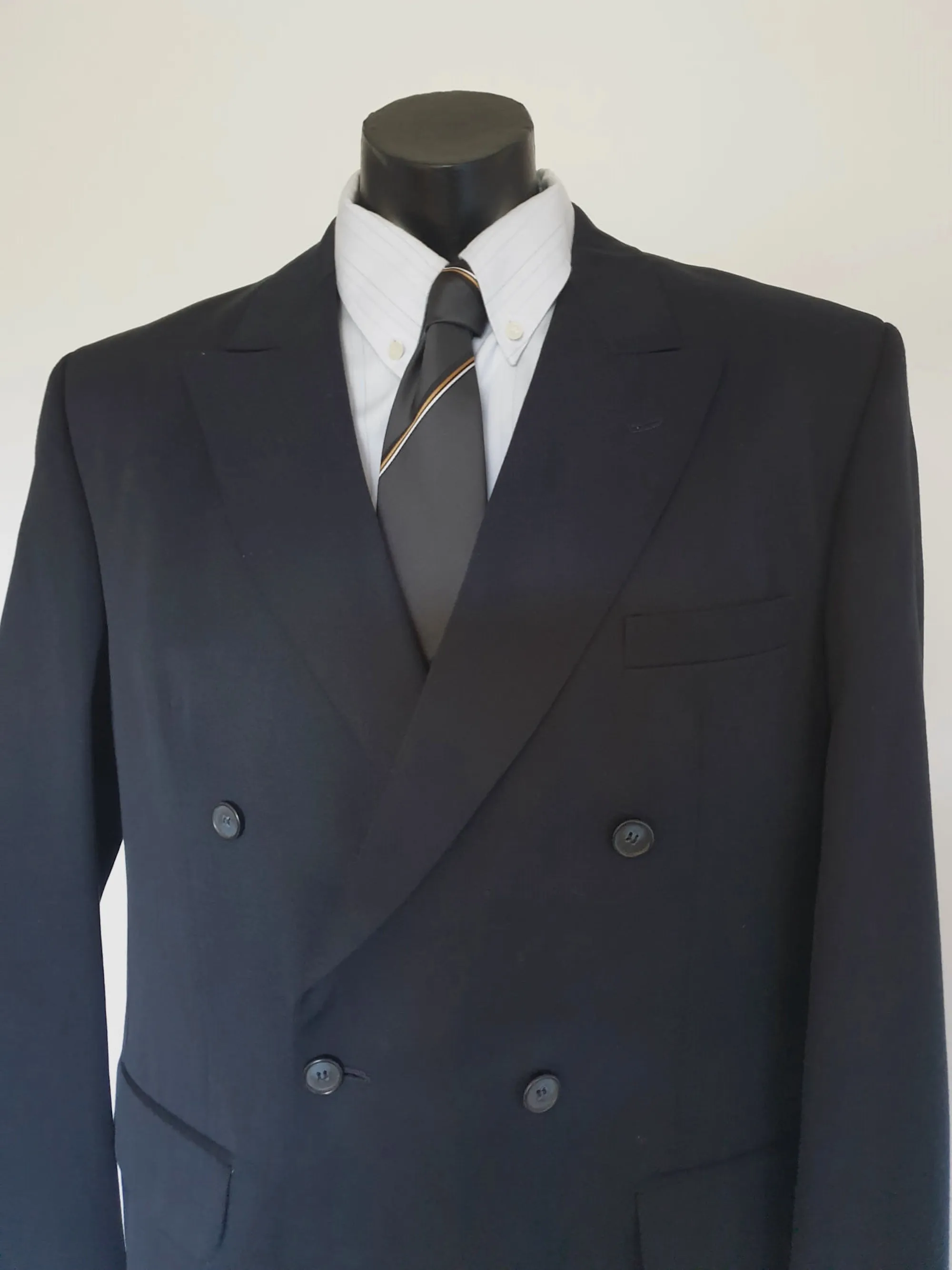 Navy Blue Double-breasted Gabardine Suit Jacket by Fletcher Jones - Size 107R