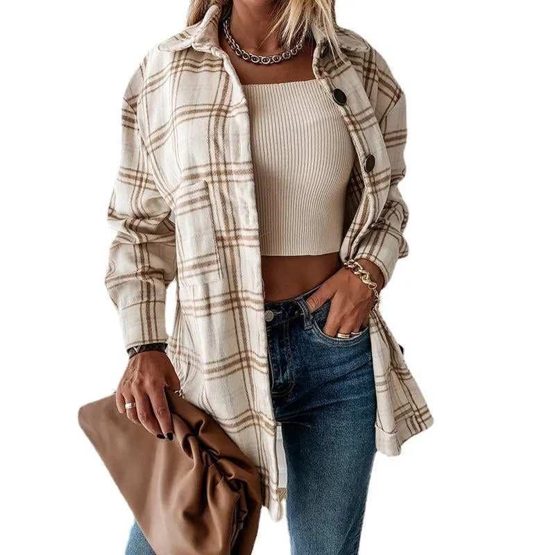 New Women Long Plaid Printed Cardigan Jacket Wholesale