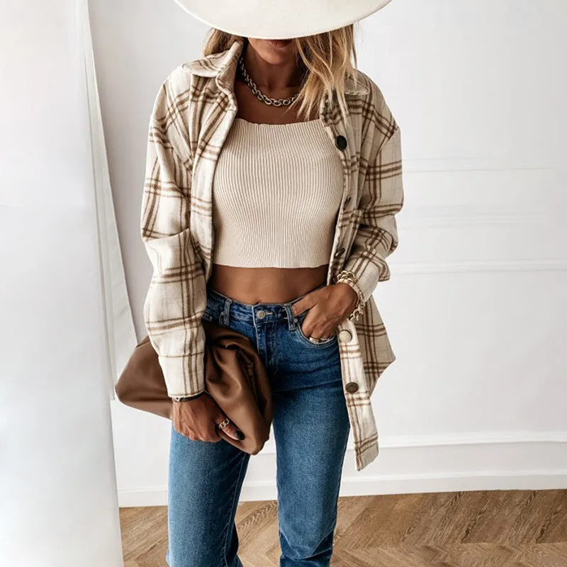 New Women Long Plaid Printed Cardigan Jacket Wholesale