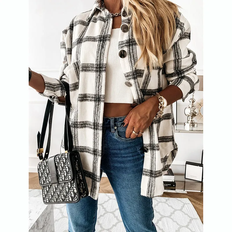 New Women Long Plaid Printed Cardigan Jacket Wholesale