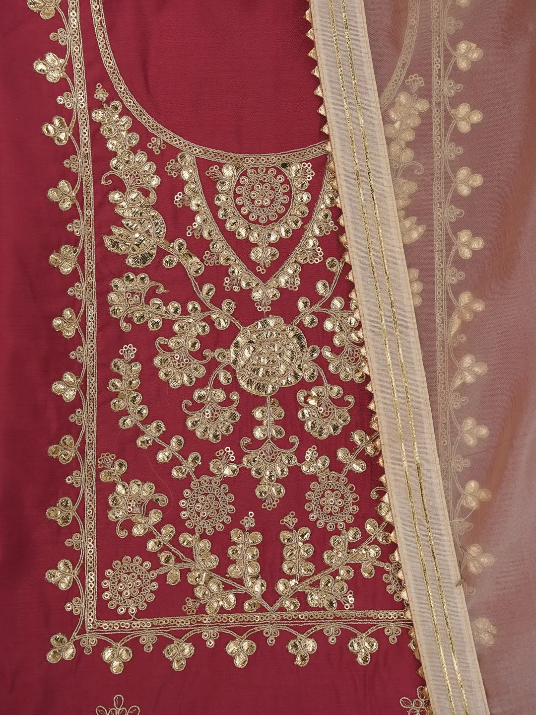 Pink Floral Printed Embroidered Pure Silk Dress Material with Dupatta