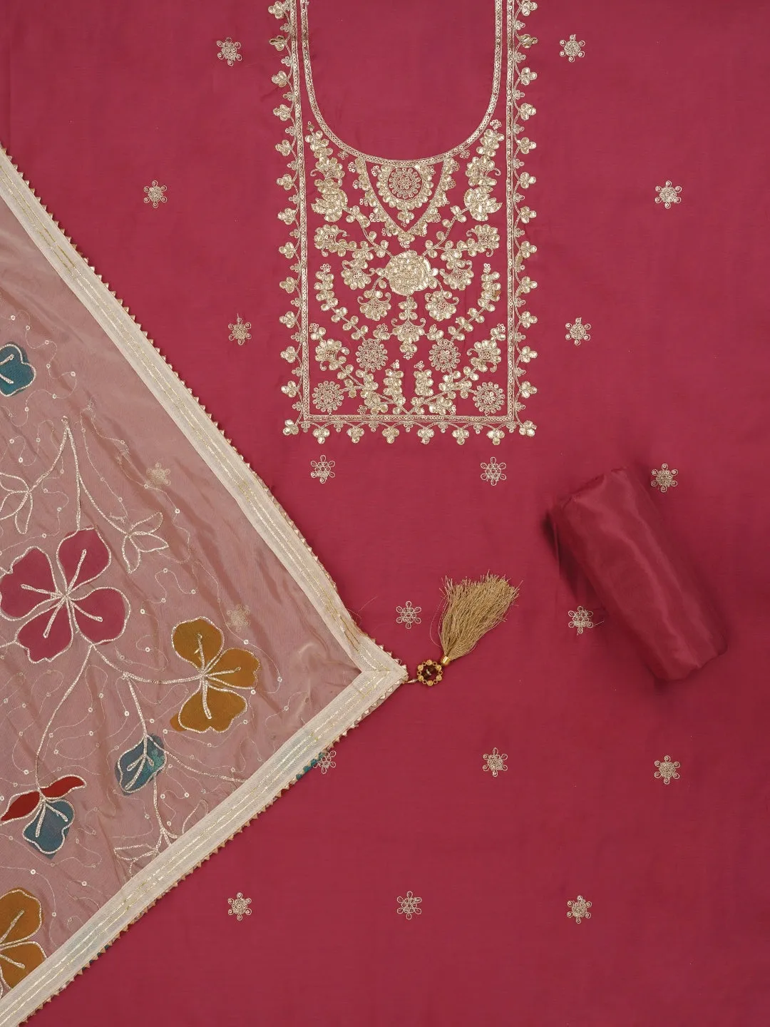 Pink Floral Printed Embroidered Pure Silk Dress Material with Dupatta