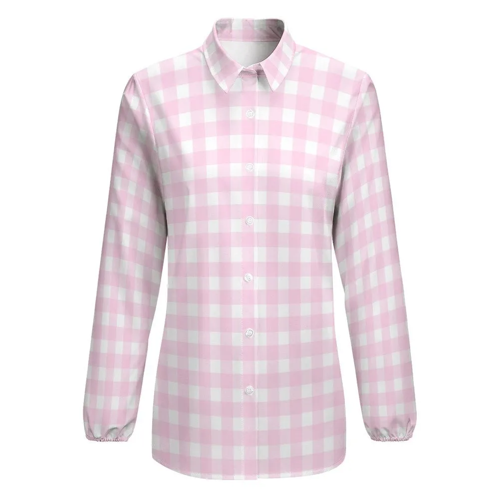 Pink Gingham Blouse, PinkBlouse Women, Vintage inspired Top, Pink Top Women, pin up top women, barbie inspired top, Long sleeve top Women