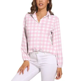 Pink Gingham Blouse, PinkBlouse Women, Vintage inspired Top, Pink Top Women, pin up top women, barbie inspired top, Long sleeve top Women