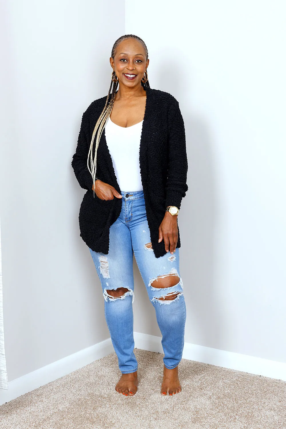POPCORN CARDIGAN SWEATER w/ POCKETS | BLACK