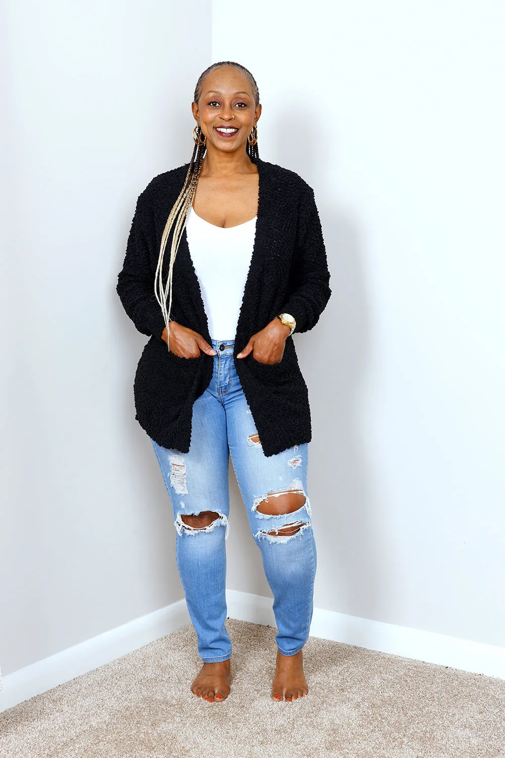 POPCORN CARDIGAN SWEATER w/ POCKETS | BLACK