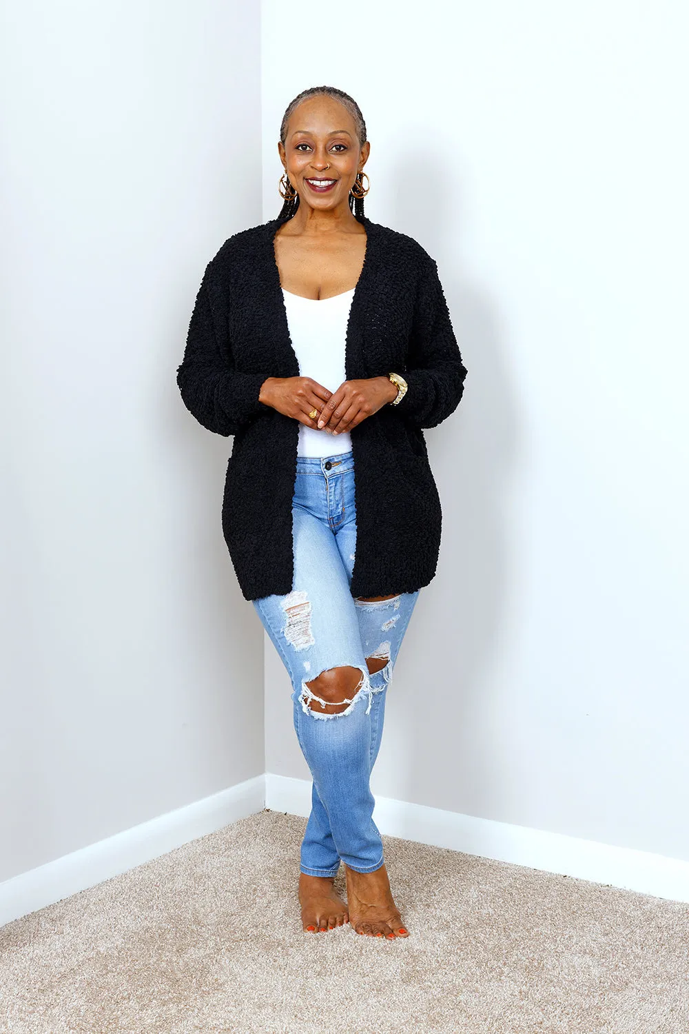 POPCORN CARDIGAN SWEATER w/ POCKETS | BLACK