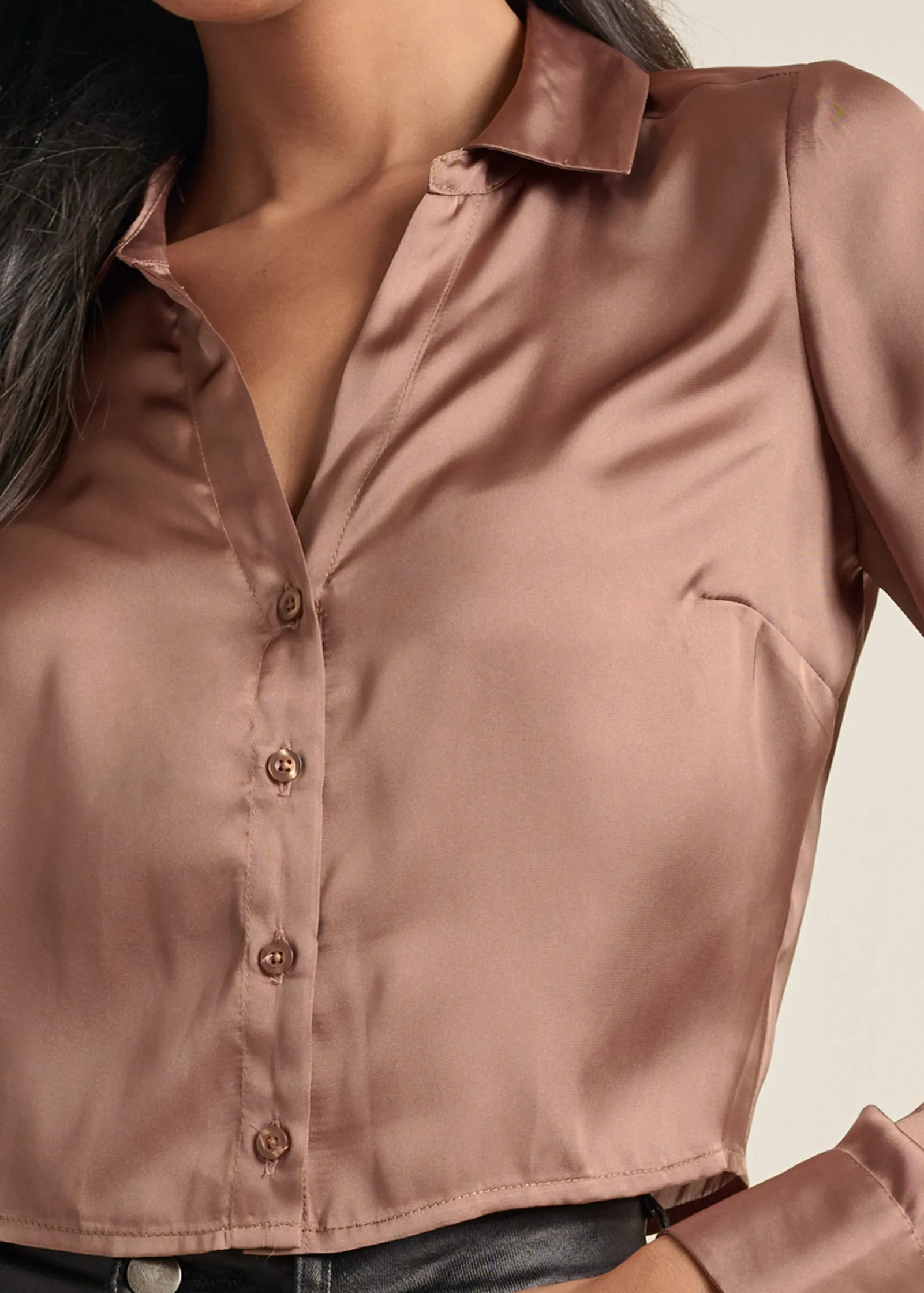 Satin Crop Blouse - Taupe