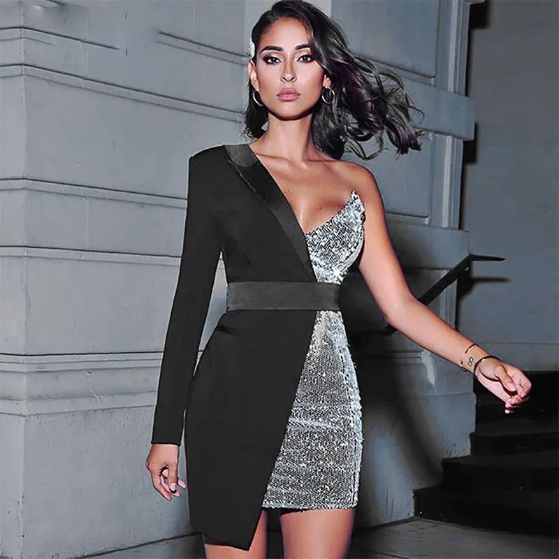 Sequined One Shoulder Sleeve Irregular Patchwork Women Bodycon Mini Dress