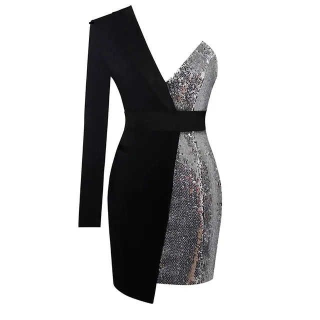 Sequined One Shoulder Sleeve Irregular Patchwork Women Bodycon Mini Dress