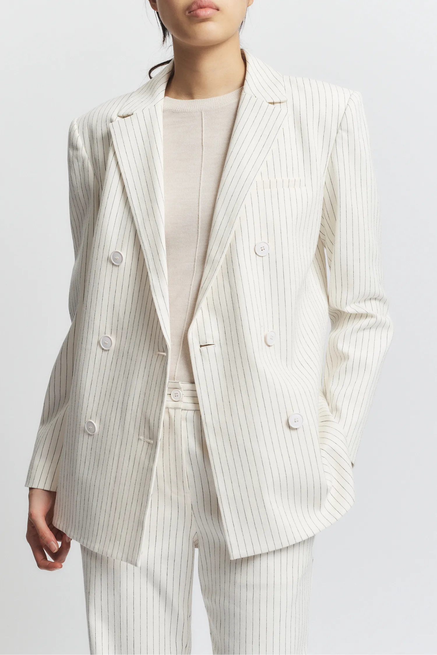 Shay Double Breasted Blazer, Ivory Pinstripe