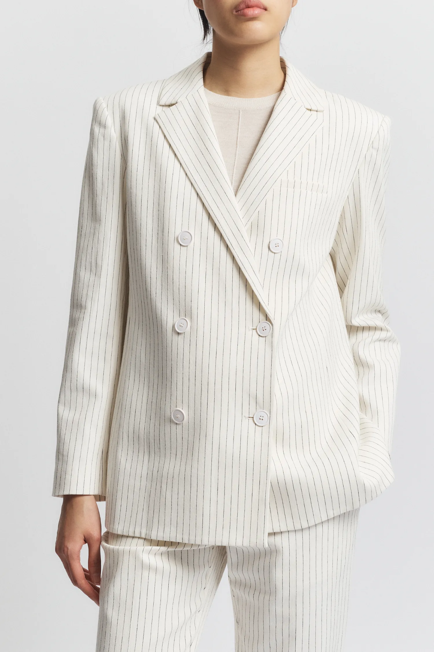 Shay Double Breasted Blazer, Ivory Pinstripe