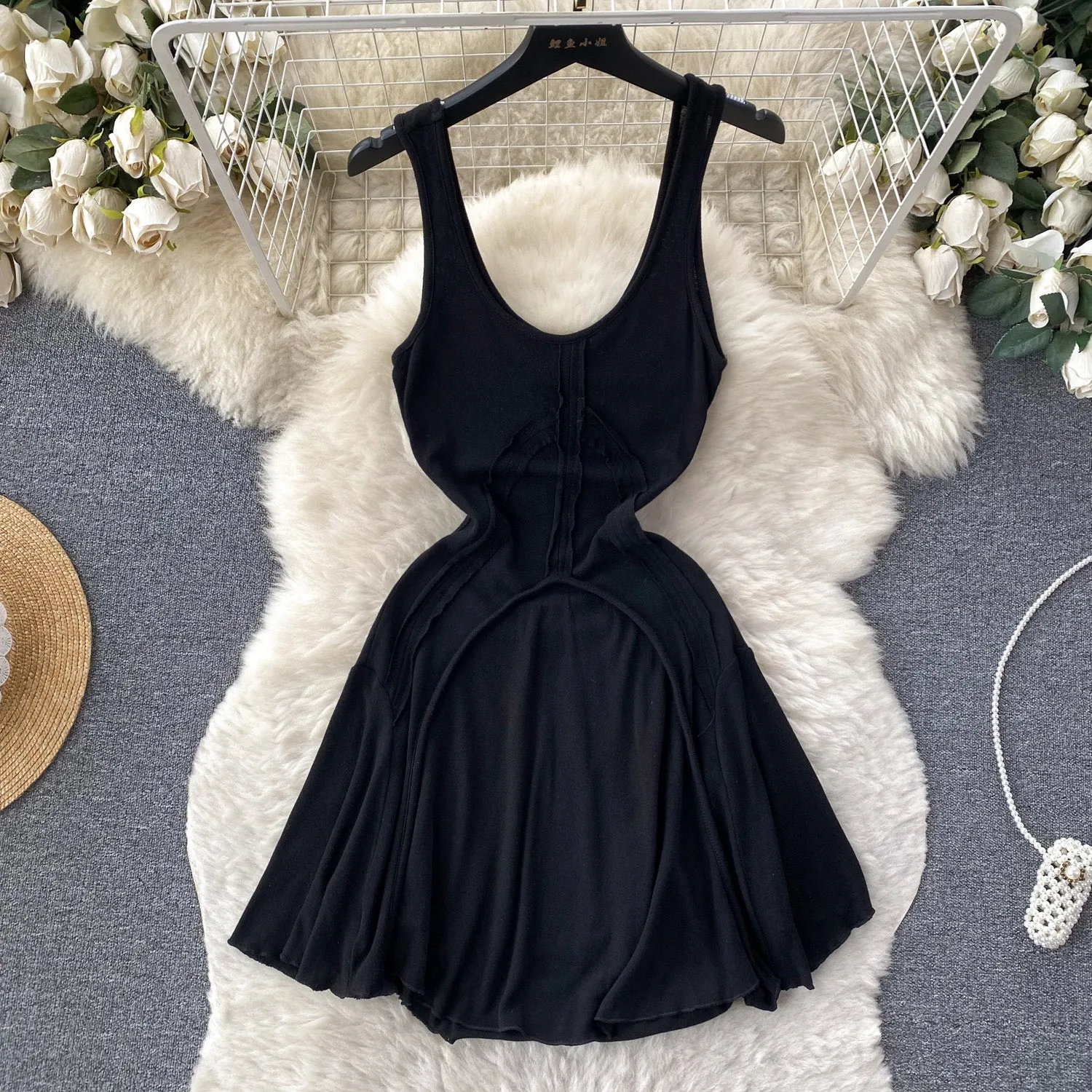 U-collar Solid Color Slip Dress