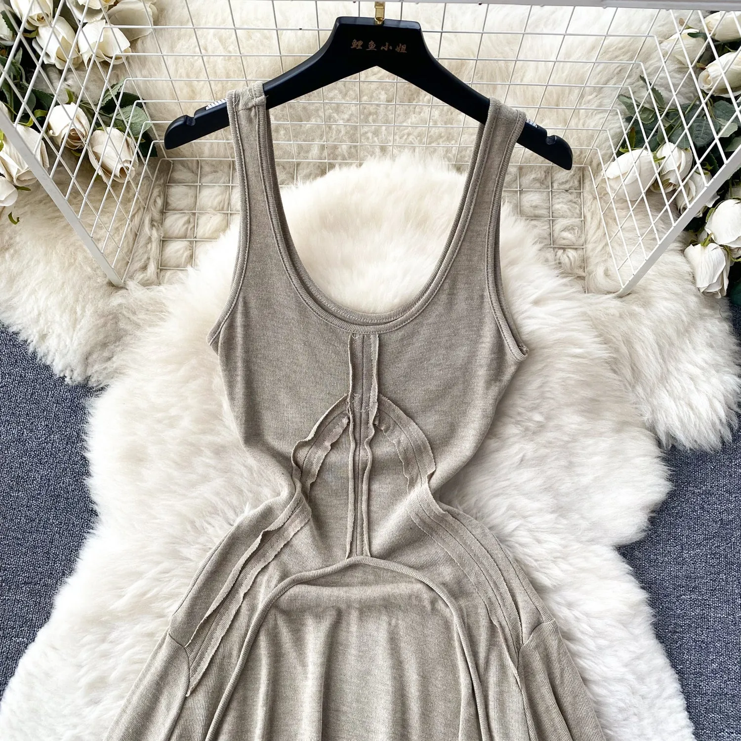 U-collar Solid Color Slip Dress