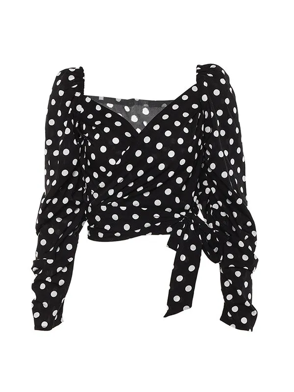 V-neck Long Sleeve Dot Pattern T-shirt