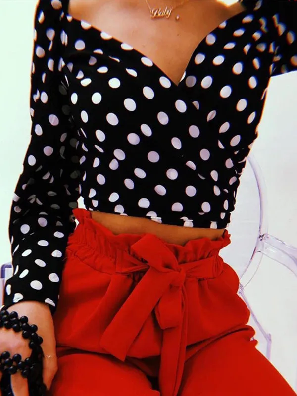V-neck Long Sleeve Dot Pattern T-shirt