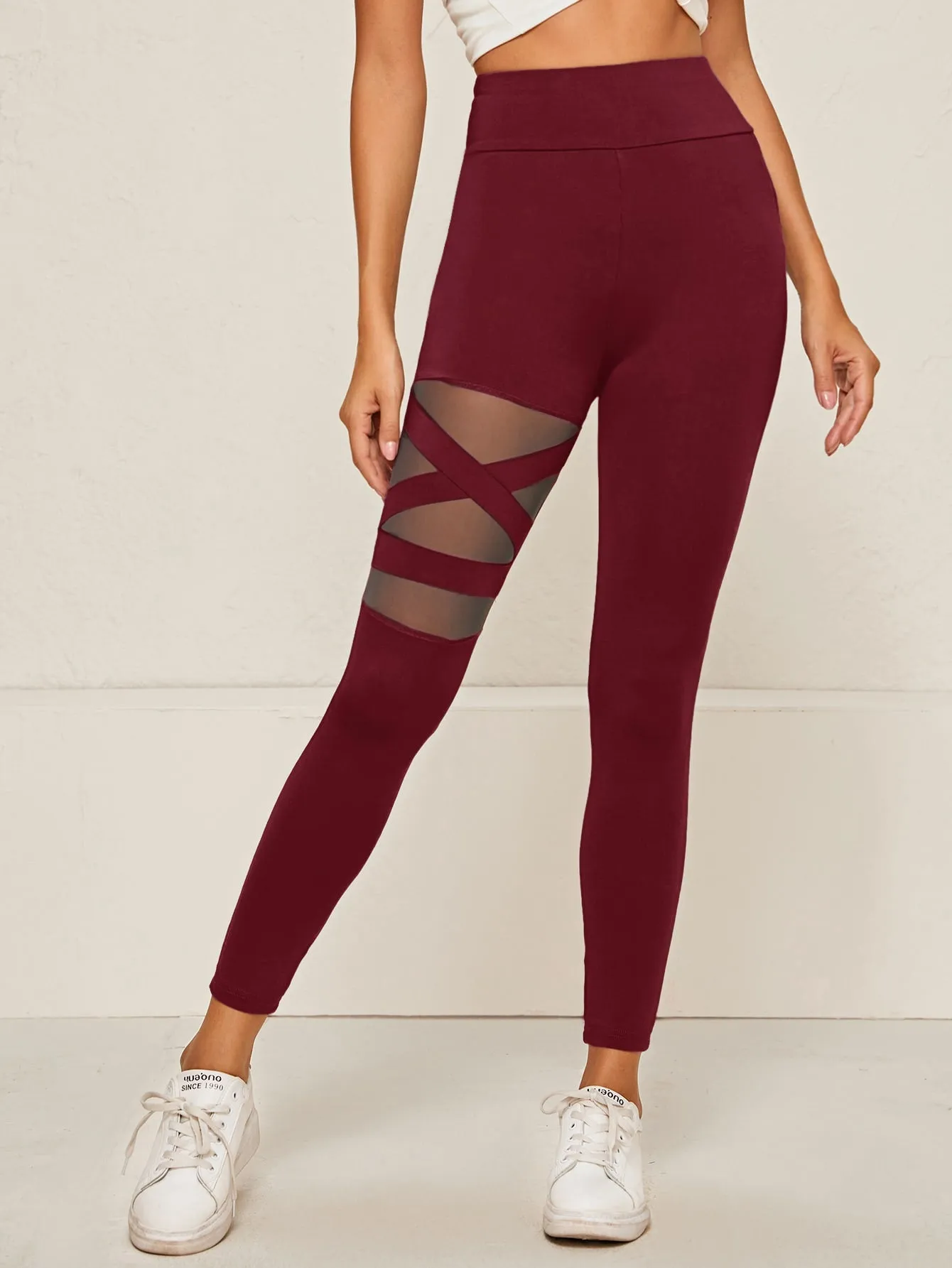 Wide Waistband Mesh Insert Cropped Leggings