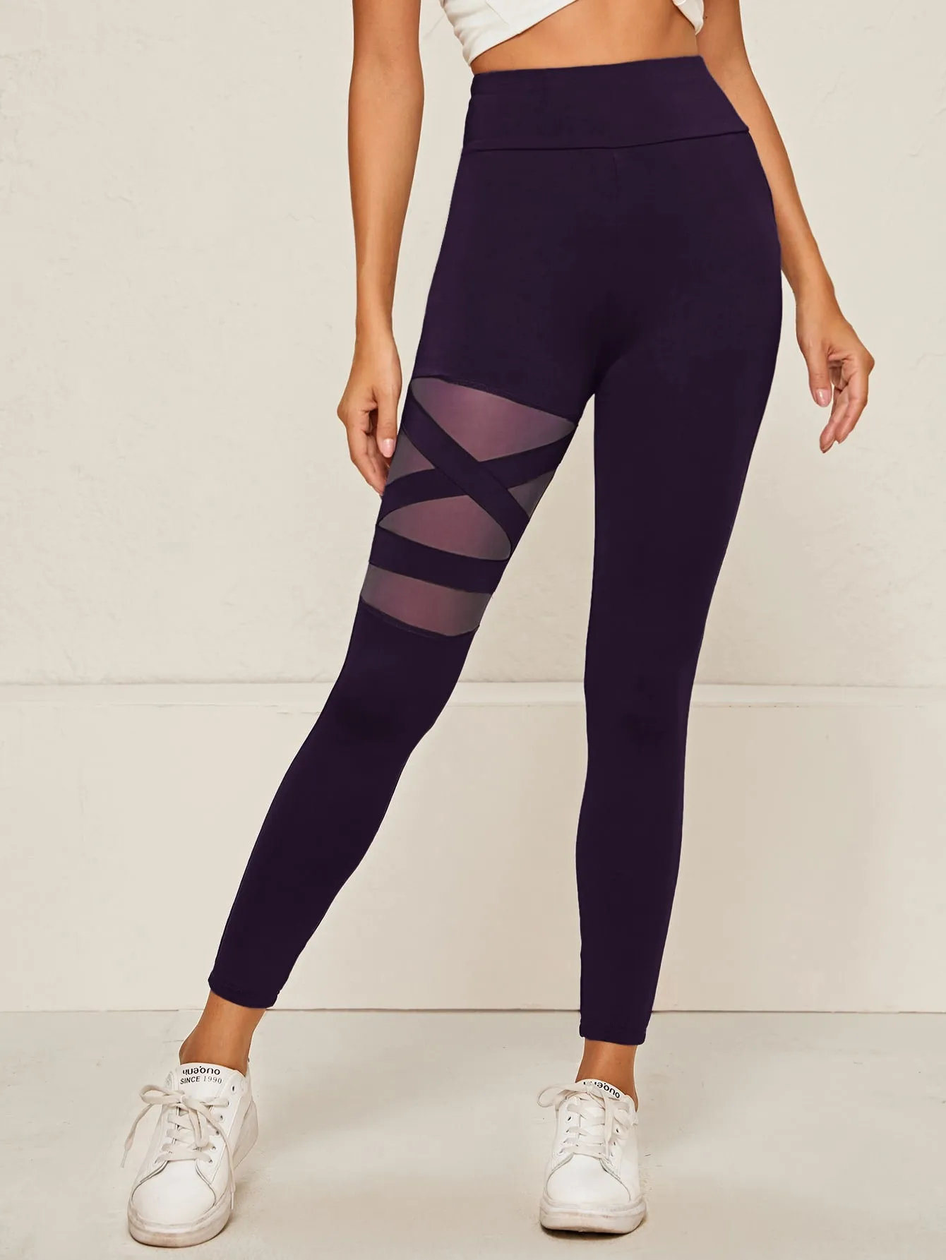 Wide Waistband Mesh Insert Cropped Leggings
