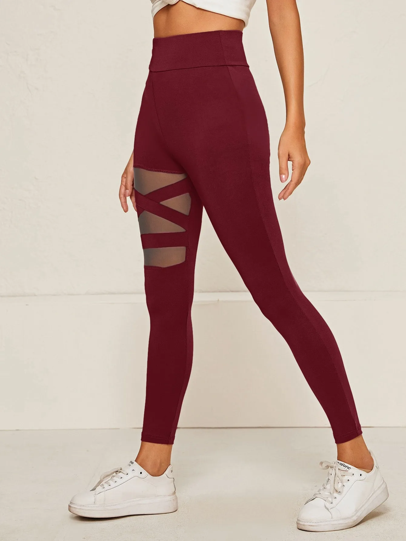 Wide Waistband Mesh Insert Cropped Leggings