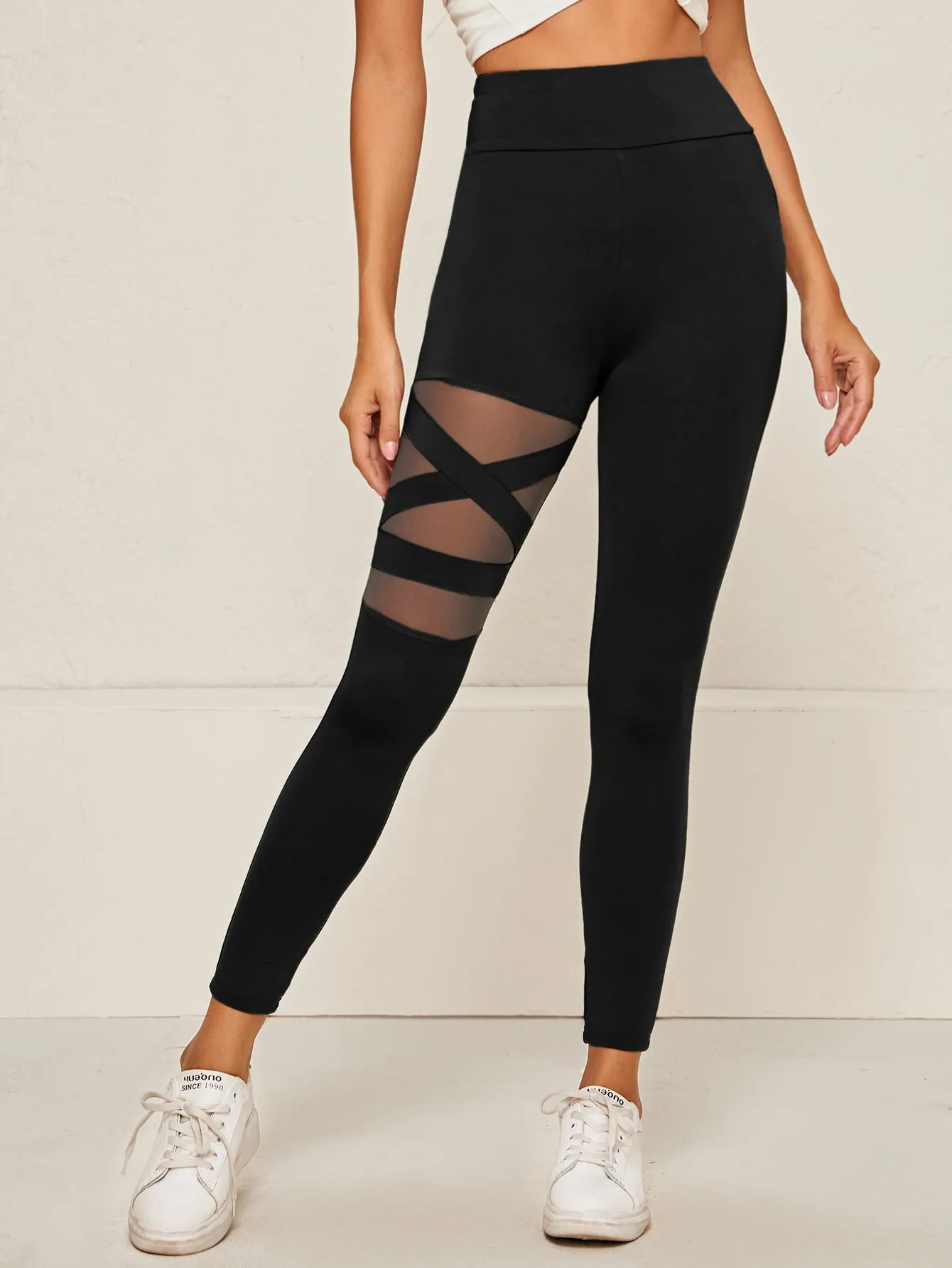 Wide Waistband Mesh Insert Cropped Leggings
