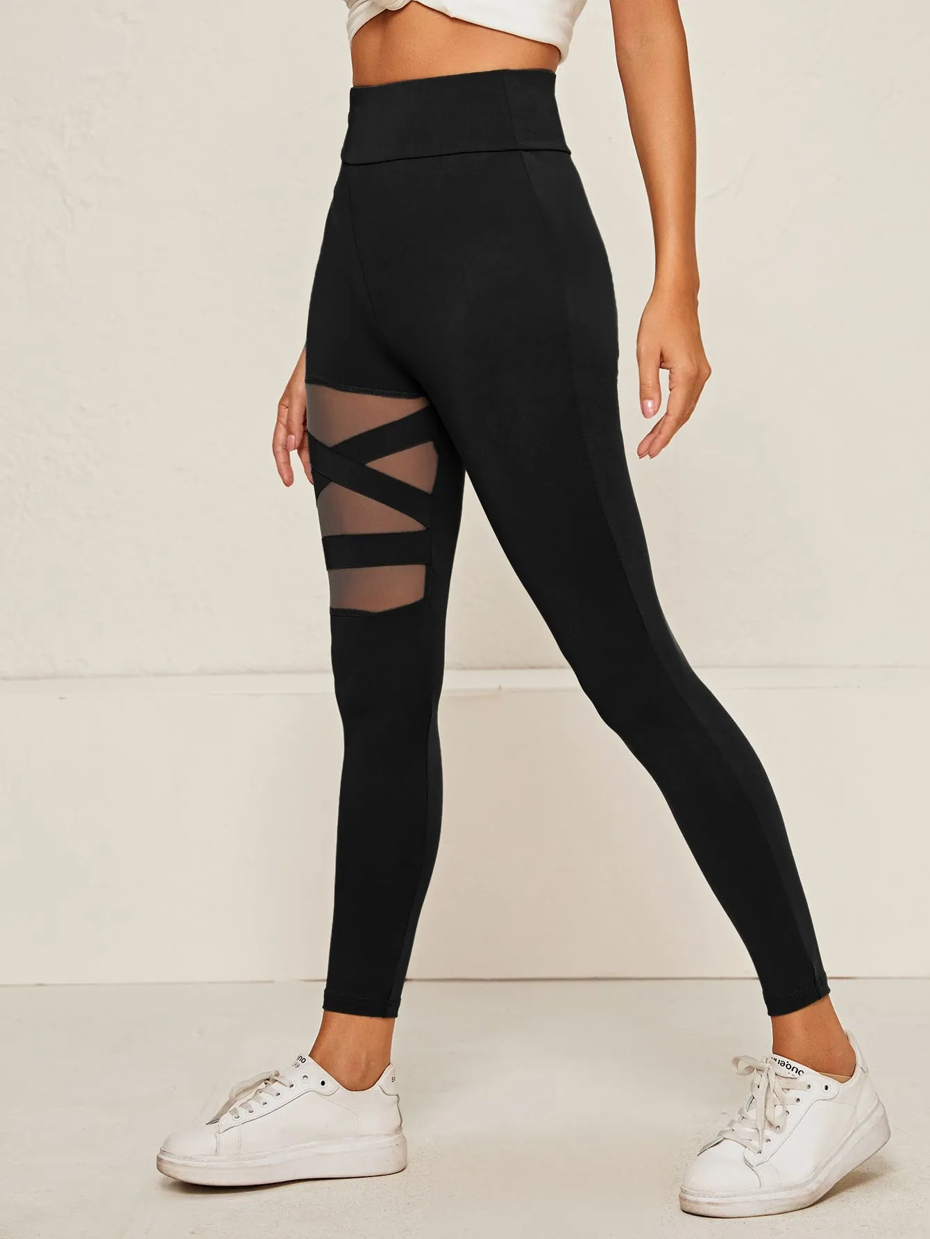 Wide Waistband Mesh Insert Cropped Leggings