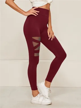 Wide Waistband Mesh Insert Cropped Leggings