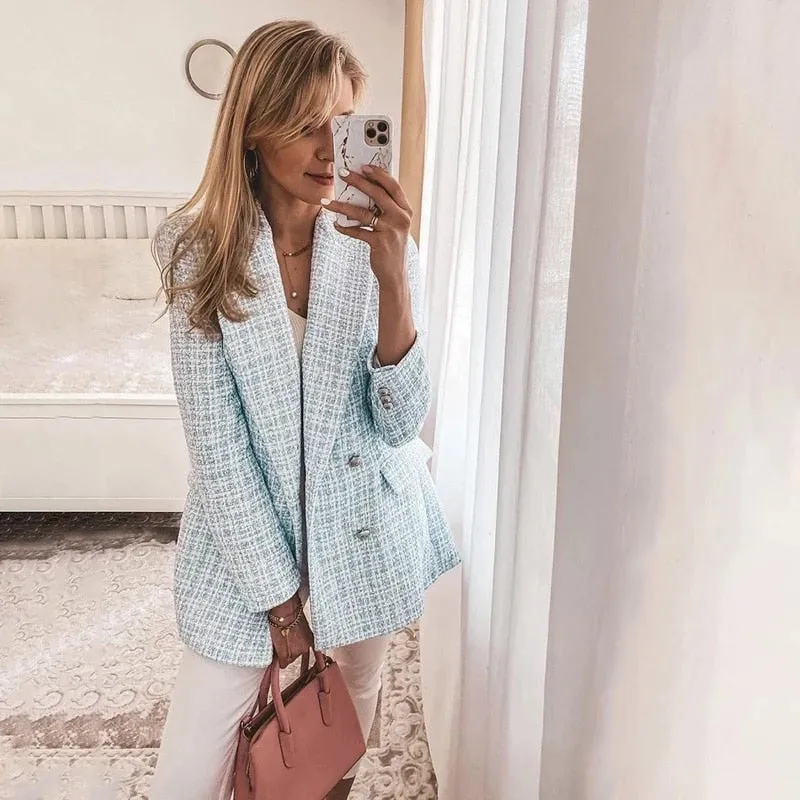 Women Blazer | Double Breasted Coat | Vintage Tweed Blazer | Sky Blue Tweed Blazer | Women Office Blazer | Tweed Check Blazer |Casual Blazer
