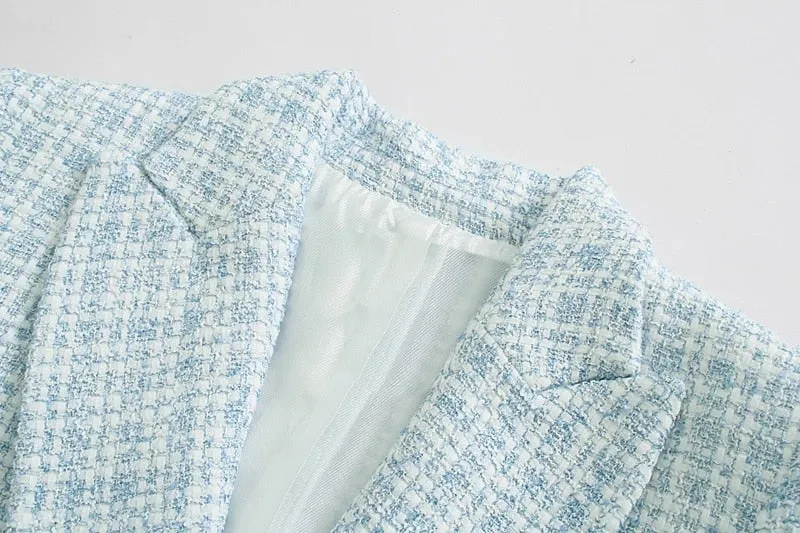 Women Blazer | Double Breasted Coat | Vintage Tweed Blazer | Sky Blue Tweed Blazer | Women Office Blazer | Tweed Check Blazer |Casual Blazer
