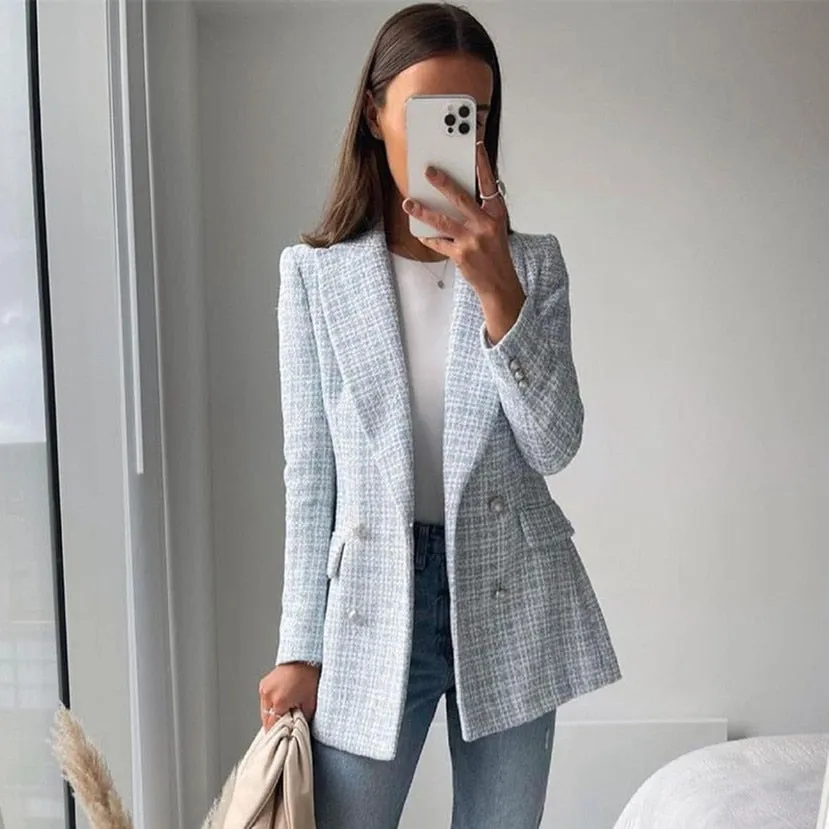 Women Blazer | Double Breasted Coat | Vintage Tweed Blazer | Sky Blue Tweed Blazer | Women Office Blazer | Tweed Check Blazer |Casual Blazer