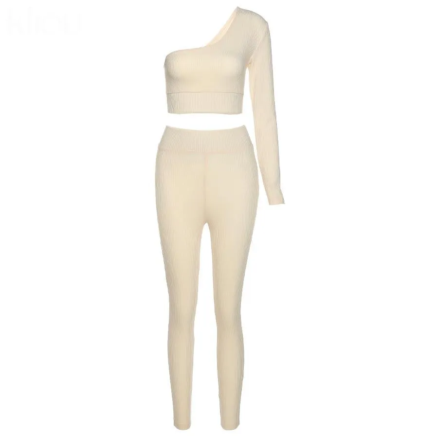 Women One Shoulder Full Sleeve Crop Top Sporty Leggings